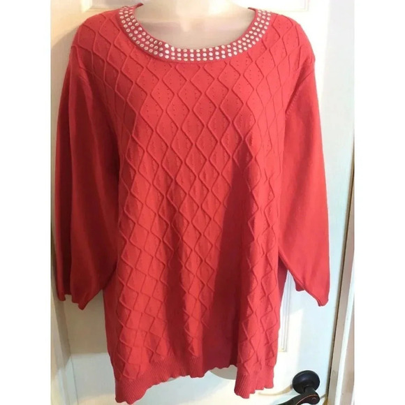 Cathy Daniels Lightweight Pullover Sweater Red Studded Neck Sz 2X - Picture 1 of 9